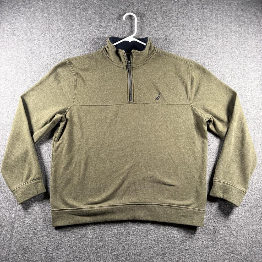 Nautica Sweatshirt Mens Large Green Cozy Warm Mock Neck Quarter Zip Logo